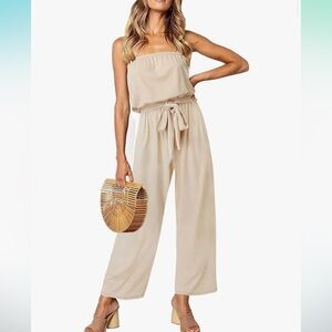 Casual Off Shoulder Solid Color Strapless Belted Wide Leg Jumpsuit Romper
